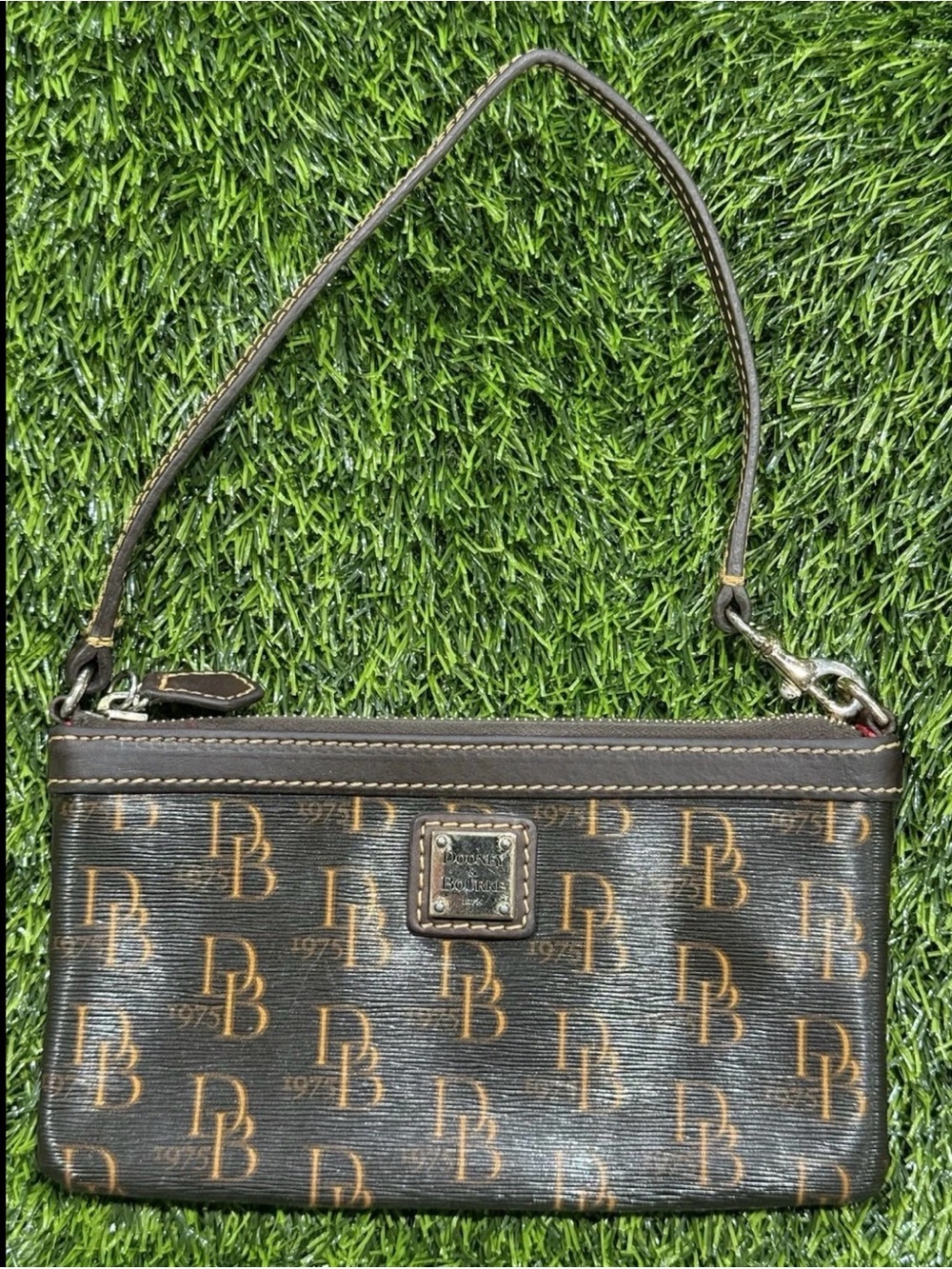 Dooney & Bourke Vintage 1975 Signature Wristlet Black Coated Canvas Tan Trim